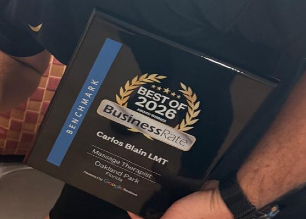 BusinessRate Best of 2026 award plaque — Carlos Blain LMT, Massage Therapist, Oakland Park, Florida